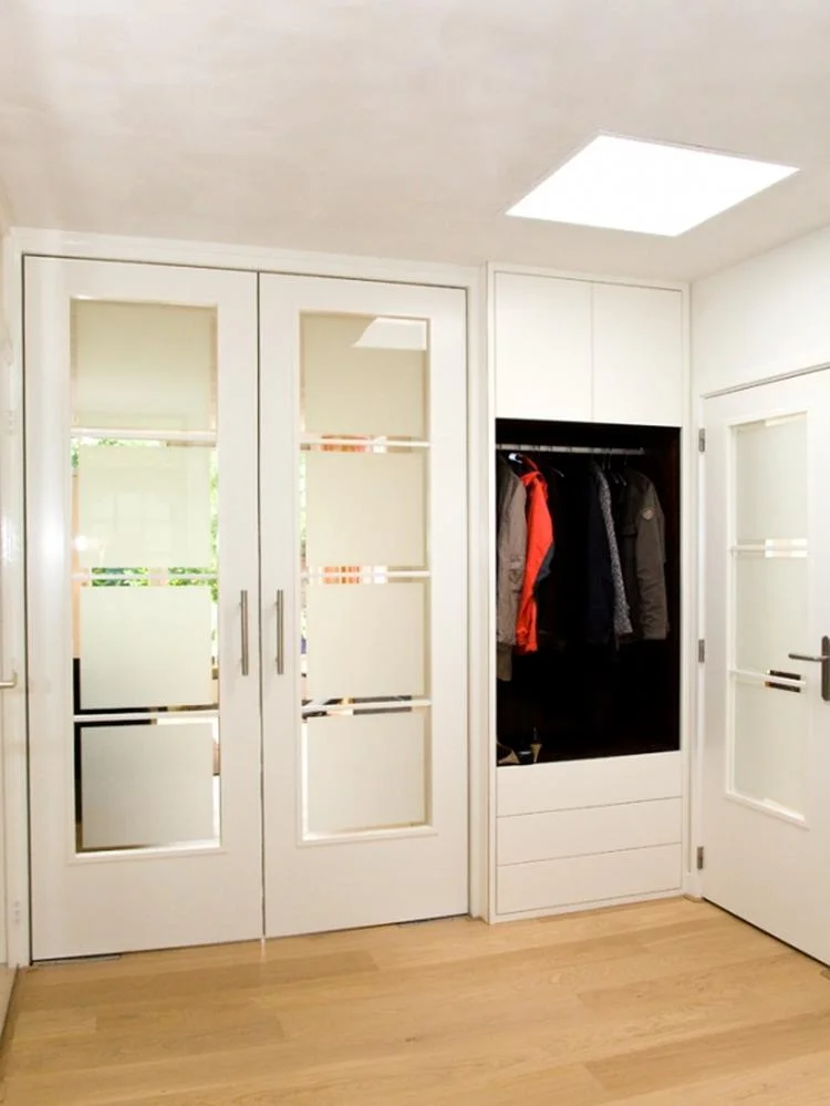 frosted glass panes combined with solid wood