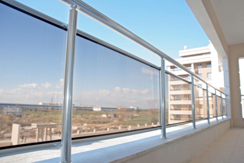 steel railing design with glass slabs
