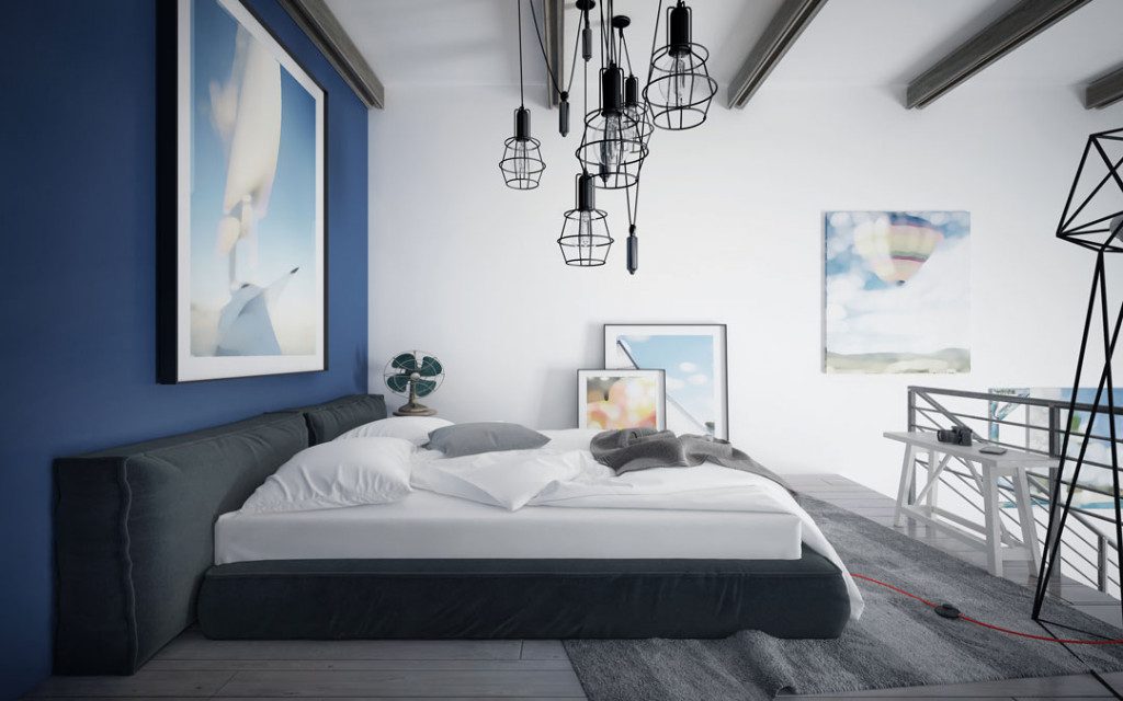 Deep blue and white two colour combination for bedroom walls