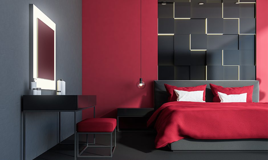 Grey and red two colour combination for bedroom walls