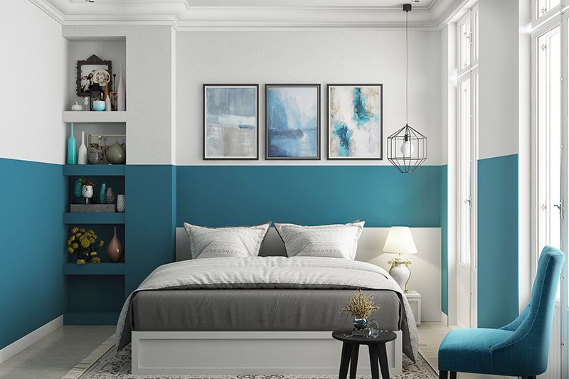 white and Blue two colour combination for bedroom walls