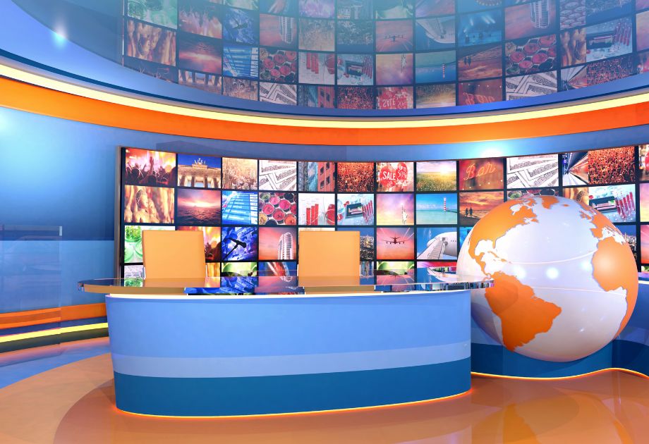 
News television studio virtual studio with world map