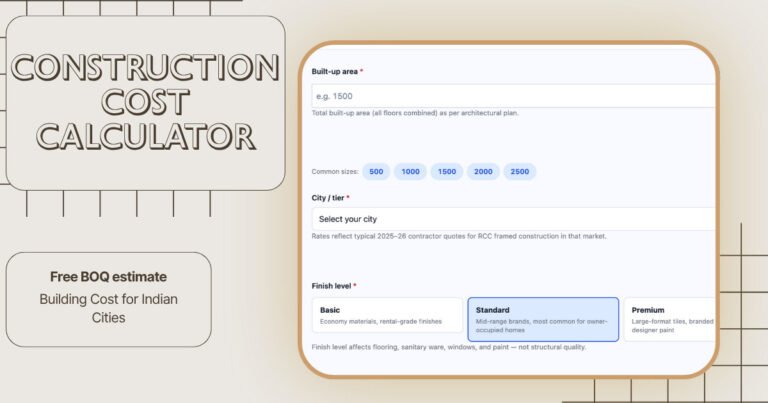 Construction cost calculator for Indian cities and building project estimates.