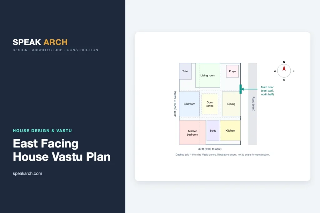 Diagram: Sample 30 by 40 feet east-facing house plan with Vastu zones